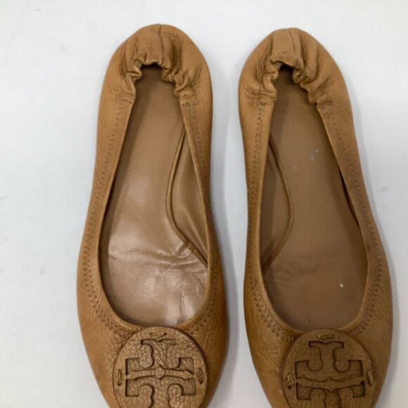Tory Burch ballet flats elastic ankle brown tan logo 9 *size worn off* pre-worn - Picture 3 of 6